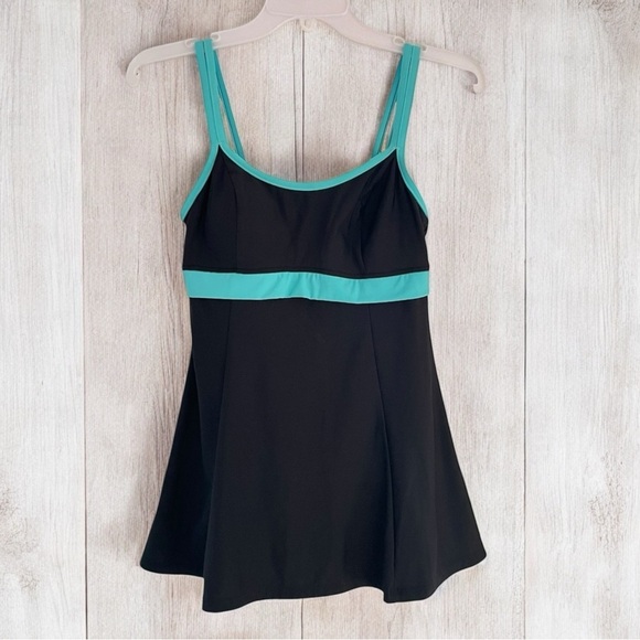 Mainstream Women's Size 10 Swimsuit Dress One-Piece Tank Skort Black & Mint - Picture 1 of 13